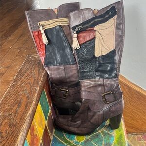 Patchwork Knee-High Leather Boots